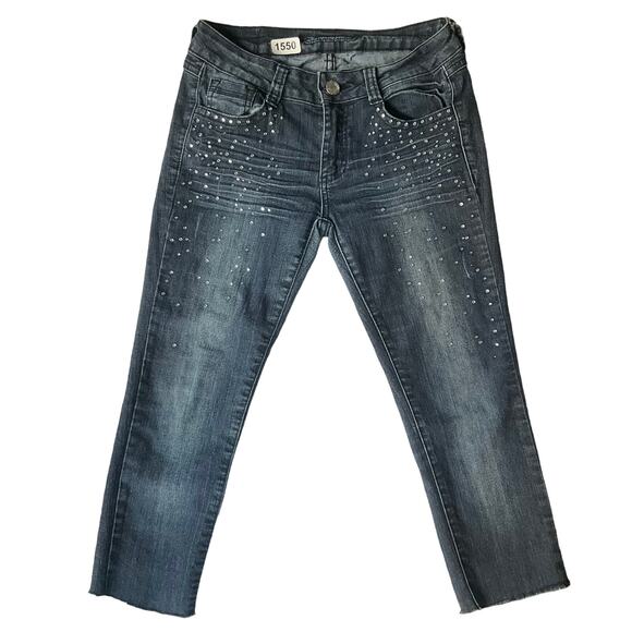 C’est Toi Women’s Rhinestone Waxed Frayed Crop Ankle Jeans size 27, Dark Blue - Picture 1 of 10